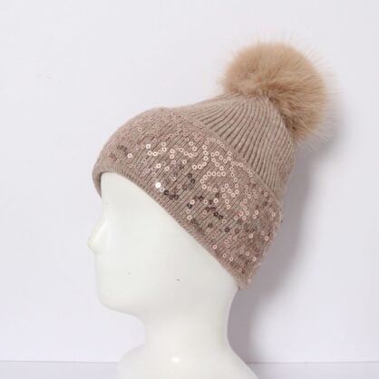 Sequin Trim Sparkle Pom Winter Hat