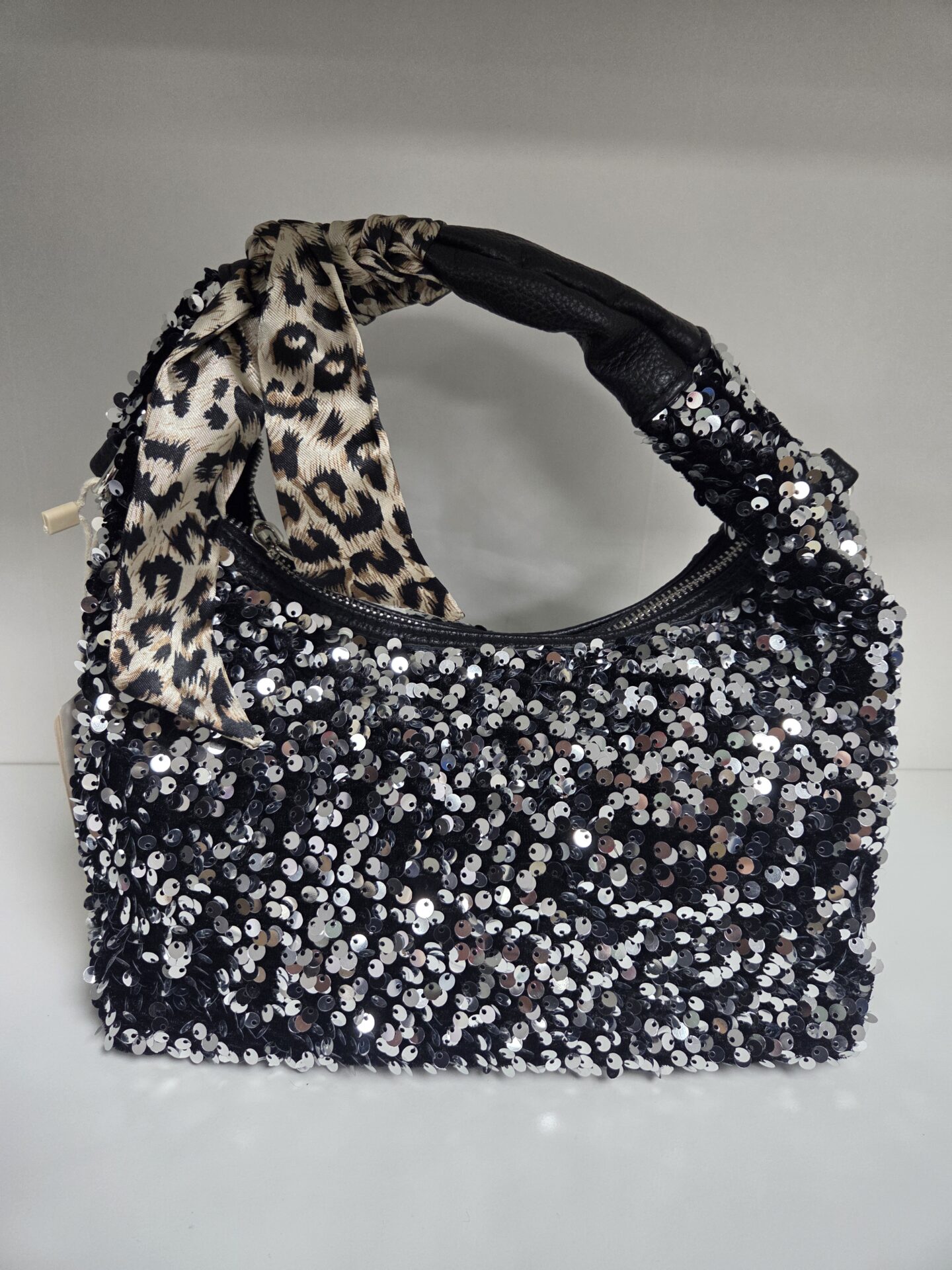 Sequin Shoulder Bag with Leopard Scarf Detail - Image 6