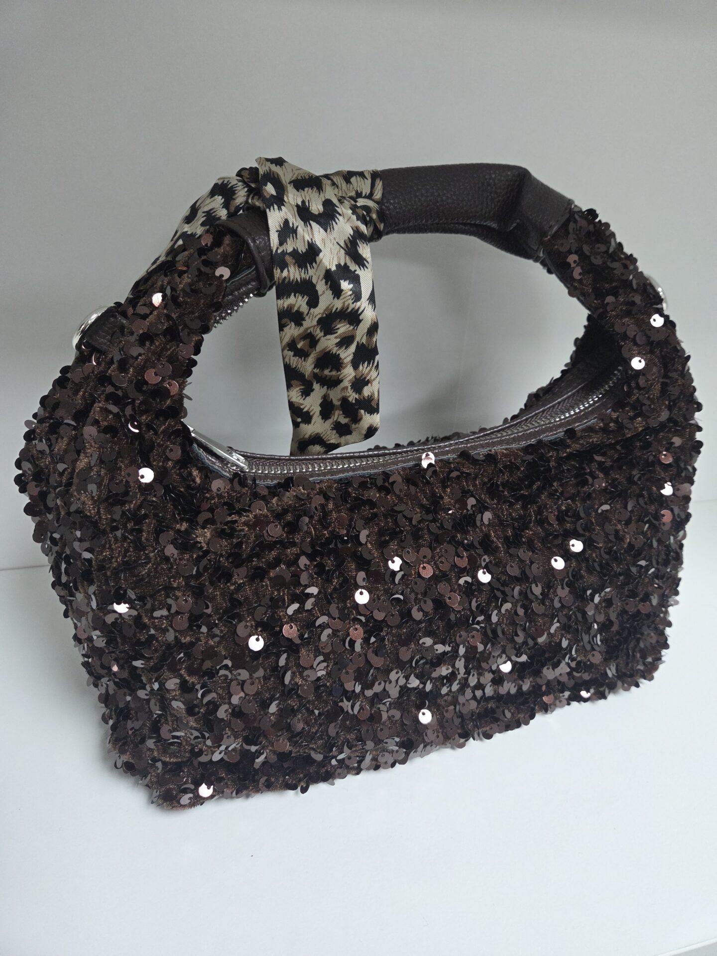 Sequin Shoulder Bag with Leopard Scarf Detail