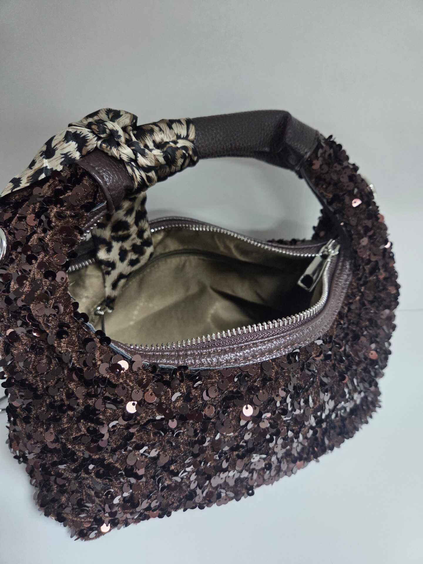 Sequin Shoulder Bag with Leopard Scarf Detail - Image 2