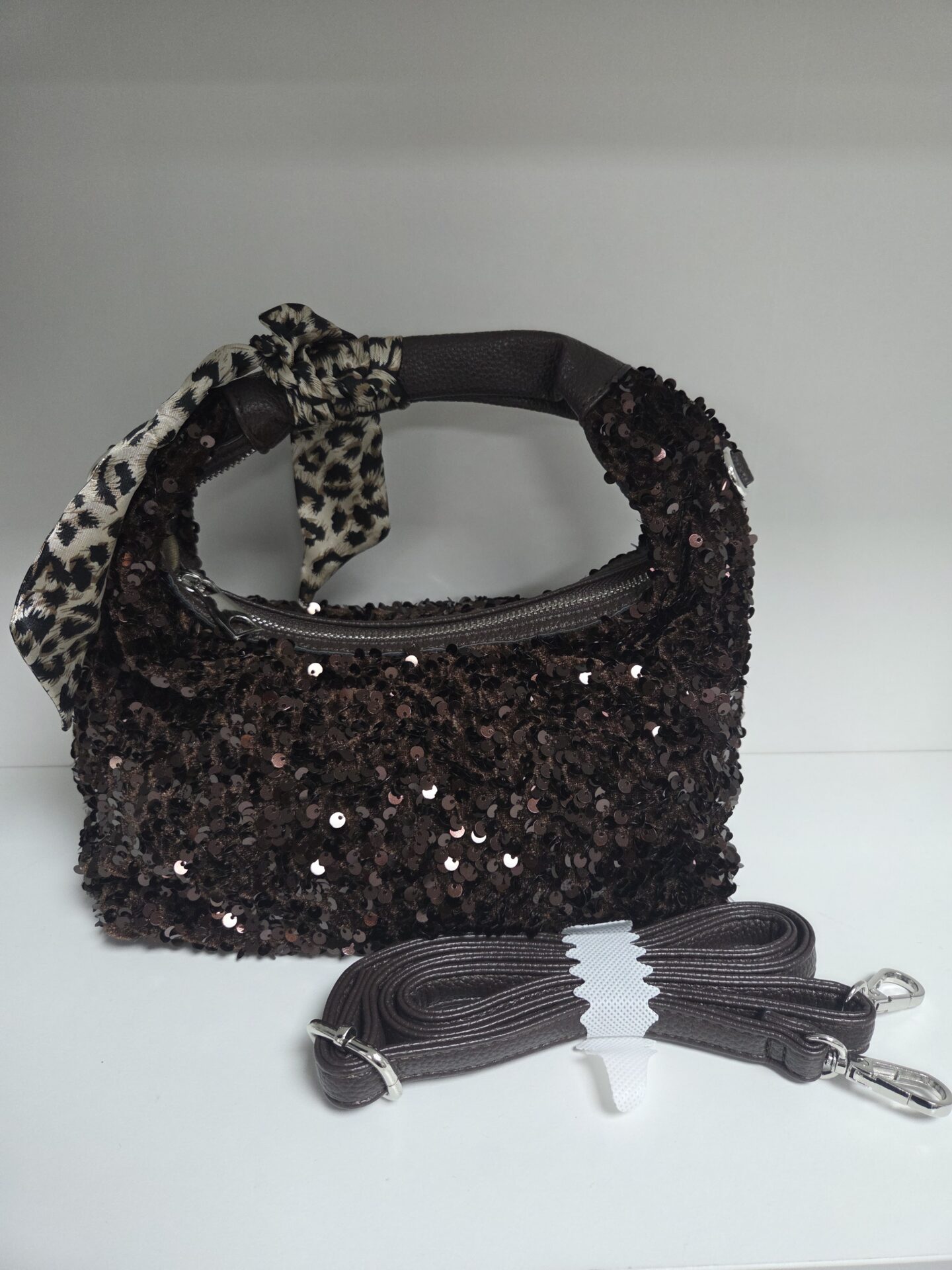 Sequin Shoulder Bag with Leopard Scarf Detail - Image 5