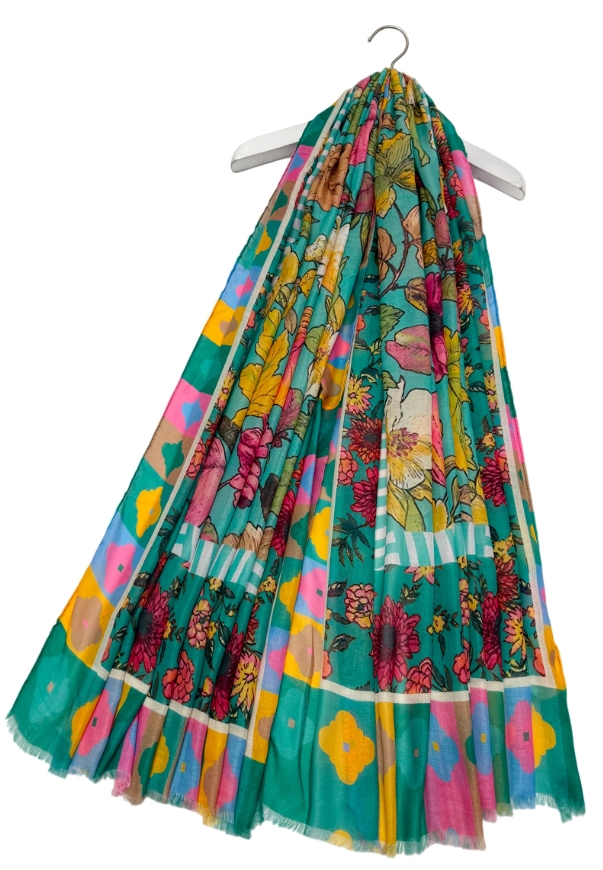 Vibrant Floral Border Print Frayed Scarf - Image 11