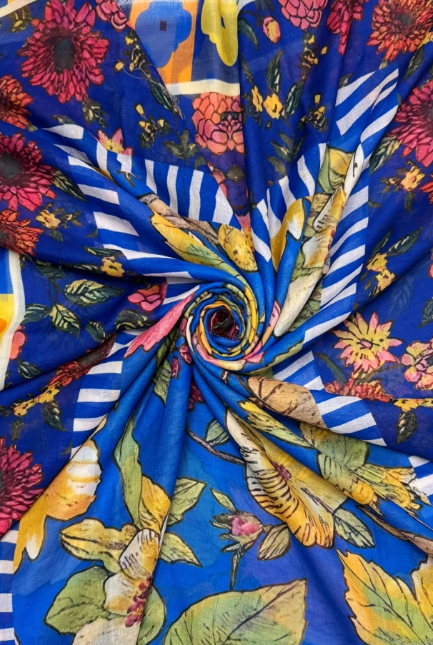 Vibrant Floral Border Print Frayed Scarf - Image 8