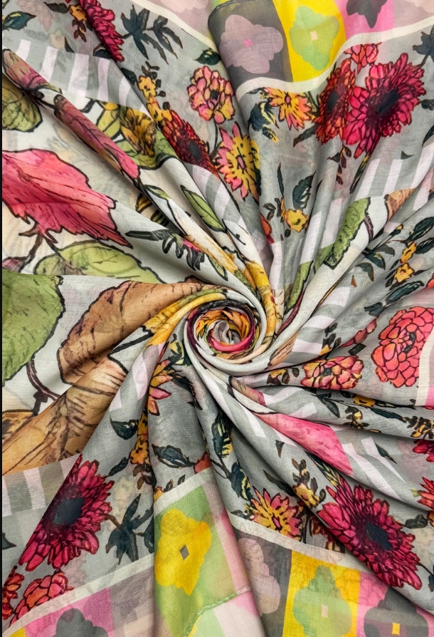 Vibrant Floral Border Print Frayed Scarf - Image 5