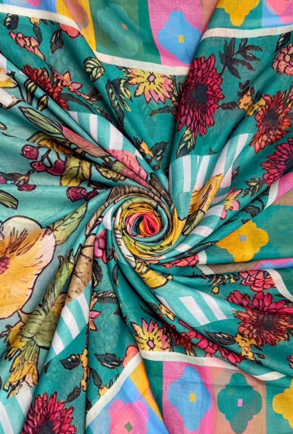 Vibrant Floral Border Print Frayed Scarf - Image 10