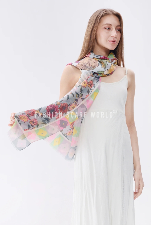 Vibrant Floral Border Print Frayed Scarf - Image 2