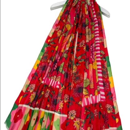 Vibrant Floral Border Print Frayed Scarf