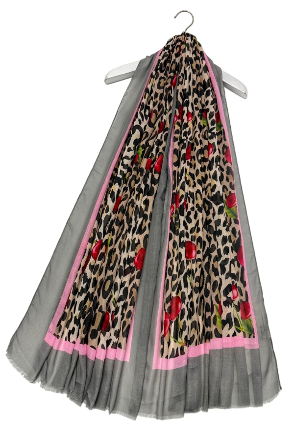 Cherry & Leopard Print Frayed Scarf