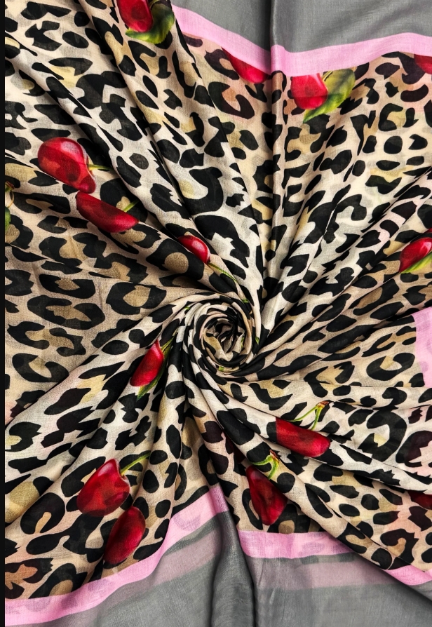 Cherry & Leopard Print Frayed Scarf - Image 2