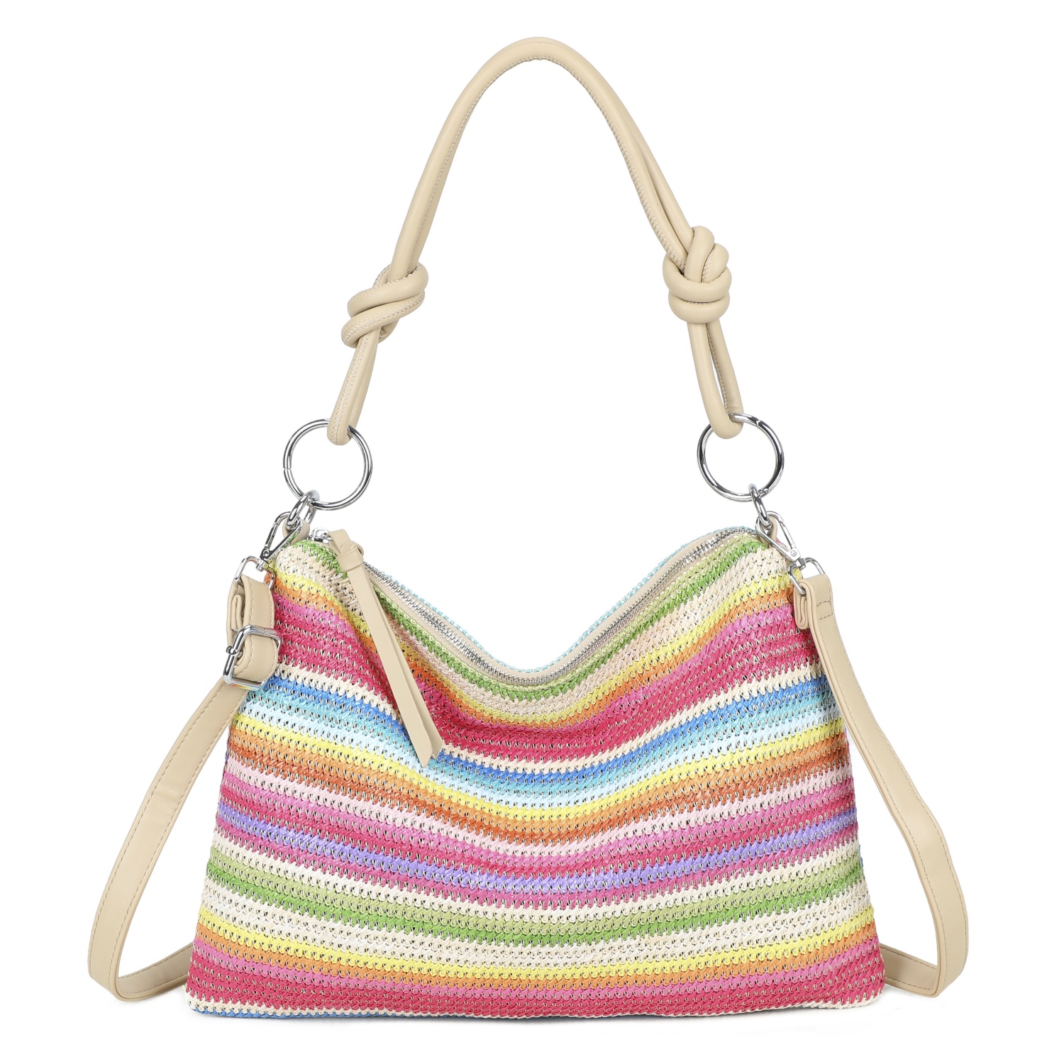 Straw Stripe Shoulder Bag with Knot Handle
