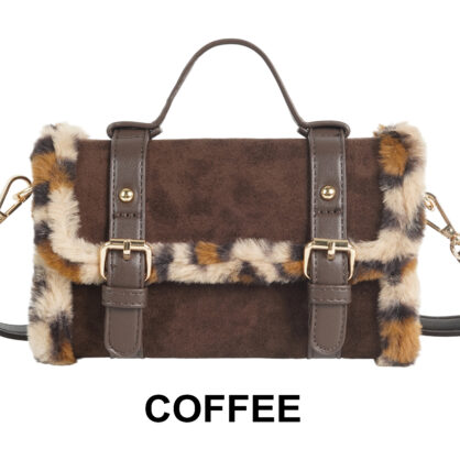 Faux Suede Animal Trim Satchel Bag