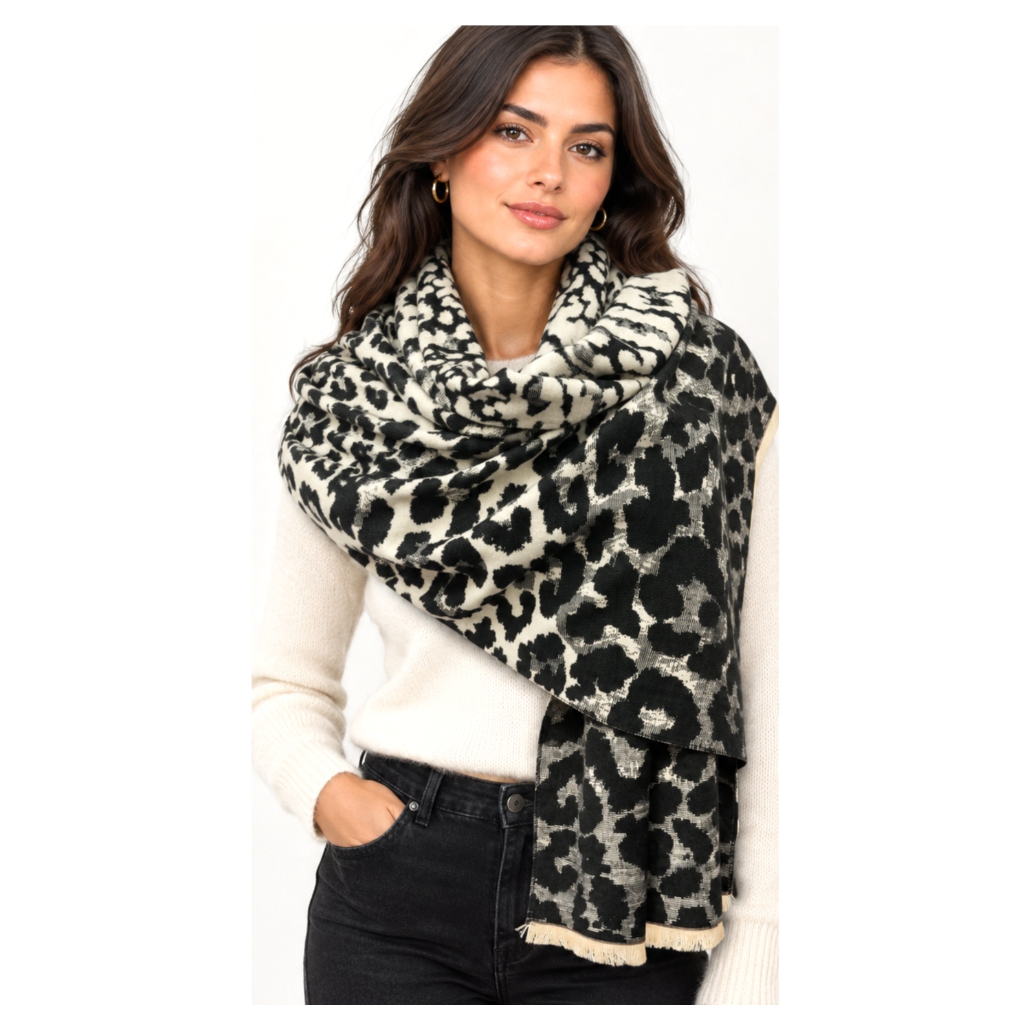 Leopard Print Wool Blend Scarf