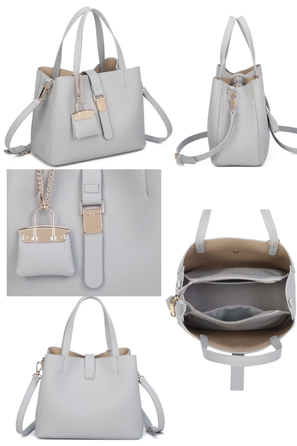 Elegant Structured Tote Bag with Matching Mini Bag Charm - Image 3